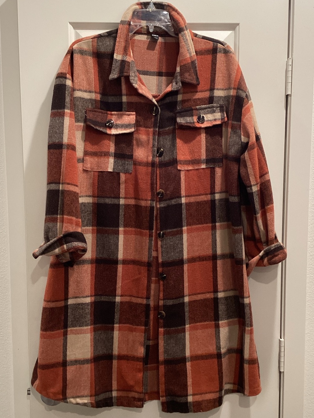 SHEIN Rust Plaid Long Button-Up Pea Coat